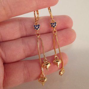 18K Yellow Gold Filled Navy Blue Diamond Zircon Heart Tassel Dangle Earrings